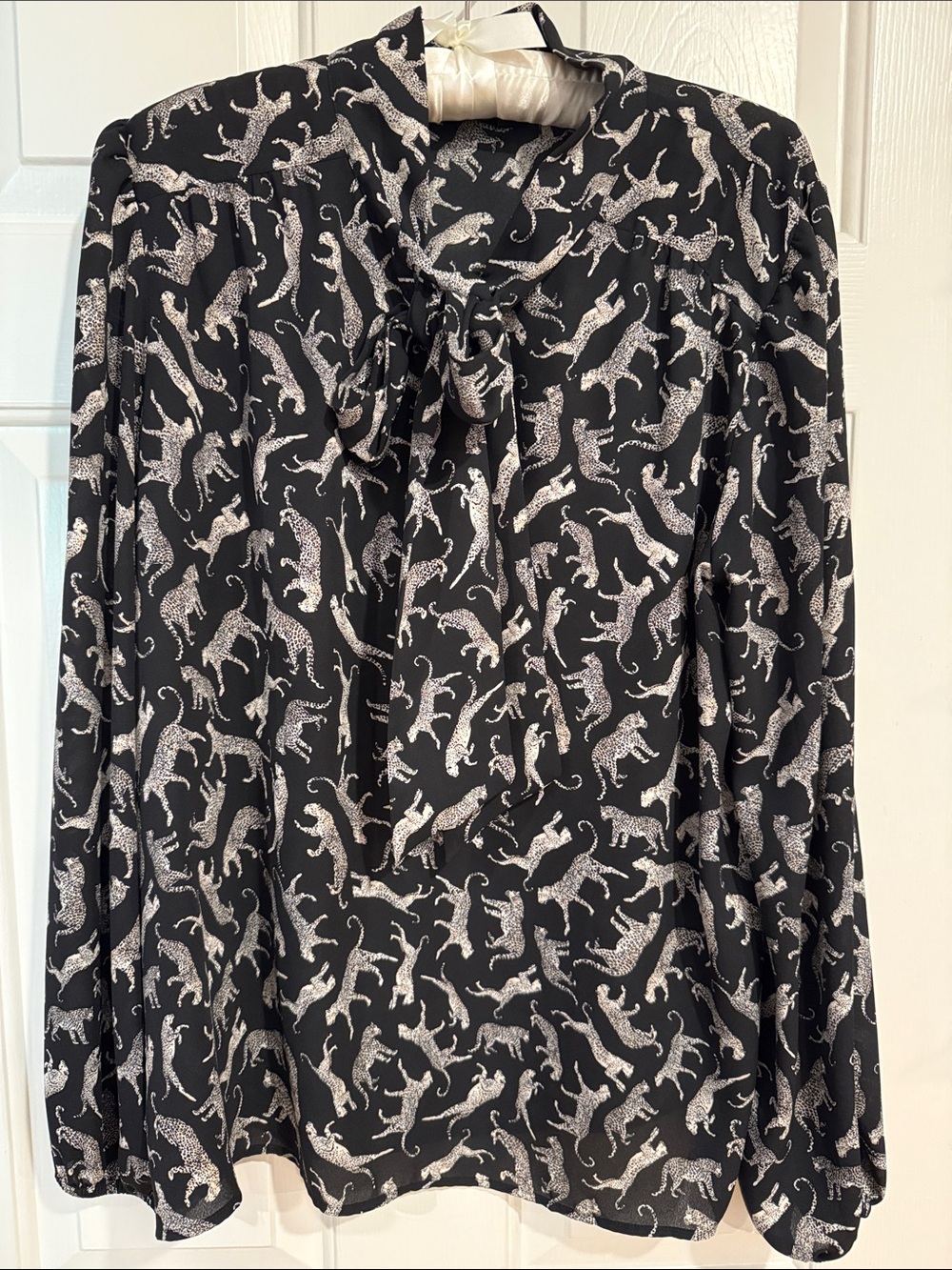 Ann Taylor Factory Black Leopard Print Tie-Neck Blouse